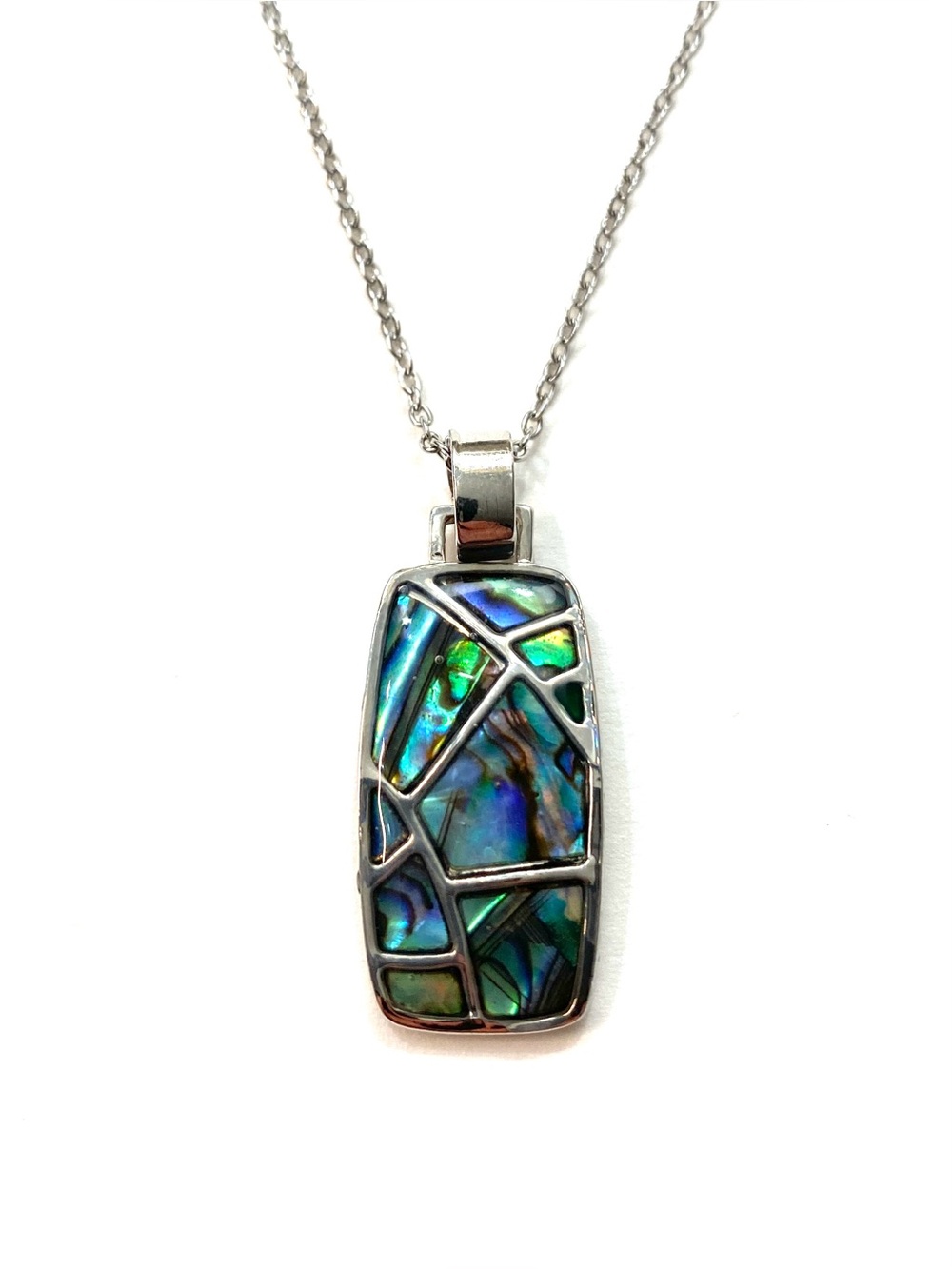 A.T. Storrs Glacier Pearle Abalone Mosaic Pendant Necklace Blue Green